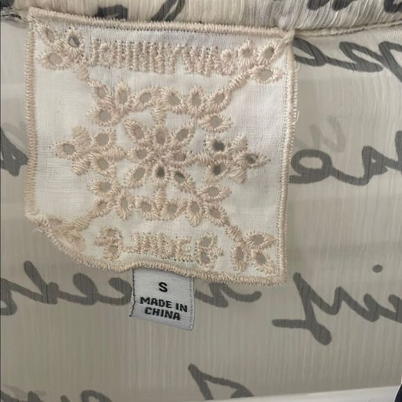 Johnny Was Katia Cream and Gray Script Oversize Silk Blouse - Picture 2 of 5